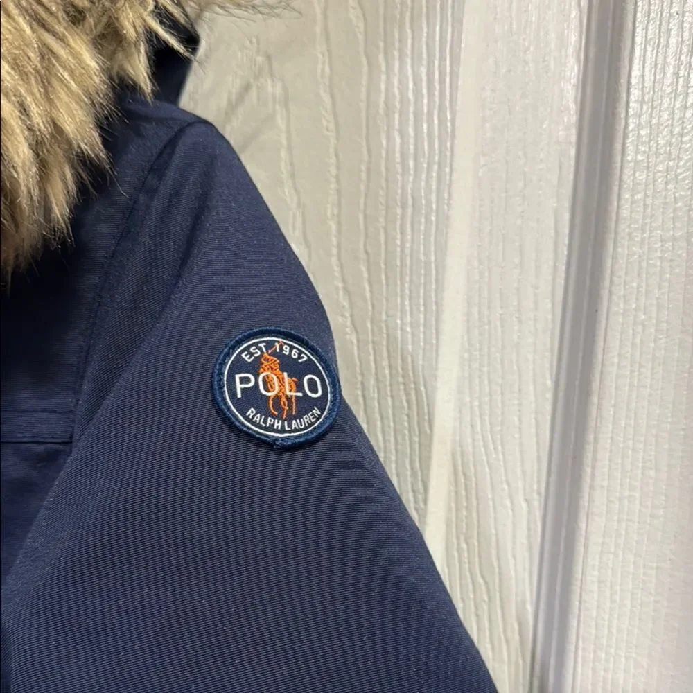 Polo by Ralph Lauren Blue and Orange Puffer Jacket with Faux Fur Hood